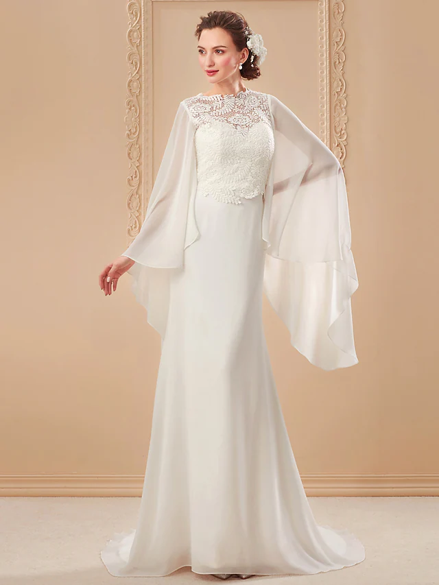 Luolandi Wedding Dresses V Neck Court Train Chiffon Long Sleeve with Beading Pure Color